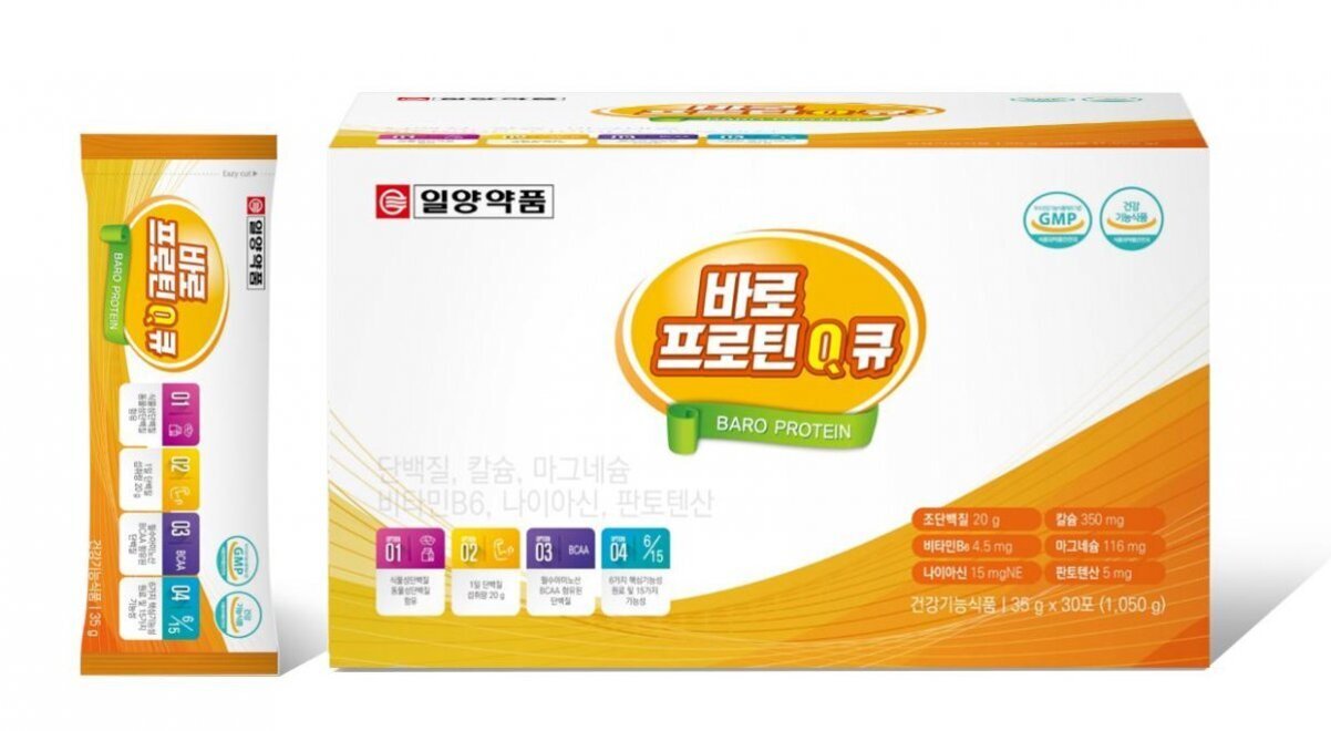 일양약품에서 제조한 '바로 프로틴 Q.큐' 건강기능식품 박스와 개별 포장 스틱이 보인다. 제품에는 단백질, 칼슘, 마그네슘, 비타민B6, 나이아신 등이 포함되어 있음을 안내하는 문구가 적혀 있다.