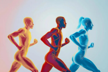 세 명의 사람이 역동적으로 달리고 있는 추상적인 이미지로, 각각 노란색, 빨간색, 파란색으로 표현되어 있다.