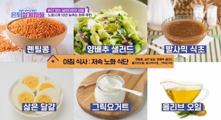 렌틸콩, 양배추 샐러드, 발사믹 식초, 삶은 달걀, 그릭요거트, 올리브 오일이 각각 사진과 함께 소개되어 있으며 '아침 식사: 저속 노화 식단'이라는 설명이 강조되어 있다.