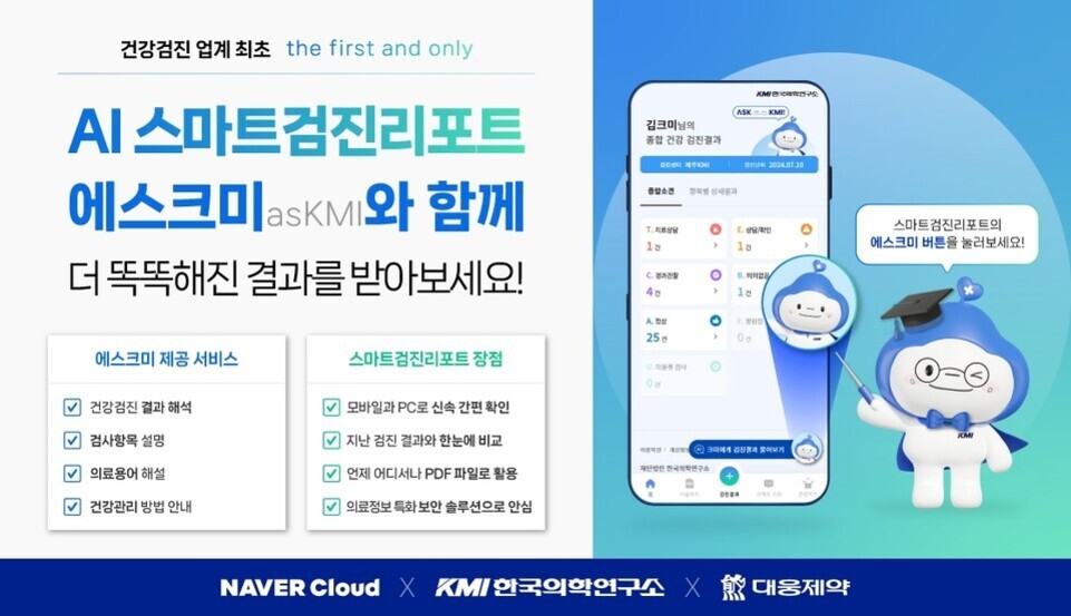 AI 스마트검진리포트 에스크미 서비스 홍보 이미지. 건강검진 결과 해석, 검사항목 설명, 의료용어 해설 등 제공 서비스와 모바일 및 PC 연동, PDF 파일 활용 등 장점 안내. 오른쪽에는 스마트폰 화면과 졸업모자를 쓴 파란색 캐릭터가 등장.