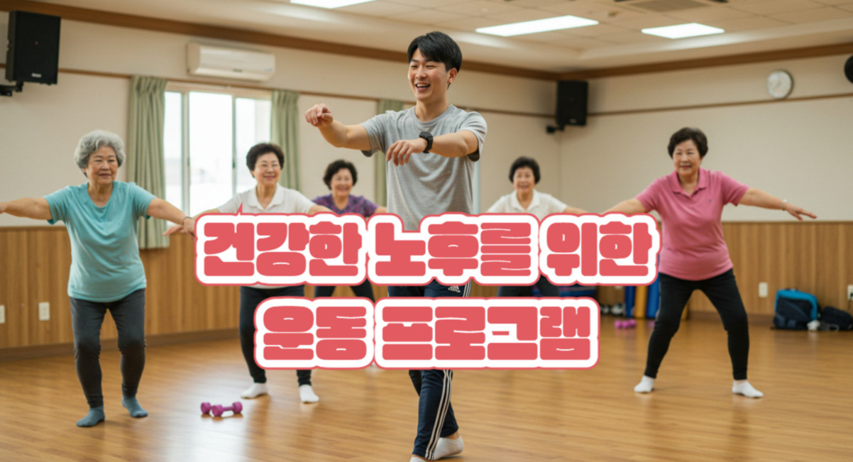 운동 강사가 노인들과 함께 실내에서 운동을 하는 장면. 중앙에 '건강한 노후를 위한 운동 프로그램'이라는 문구가 크게 적혀 있다.