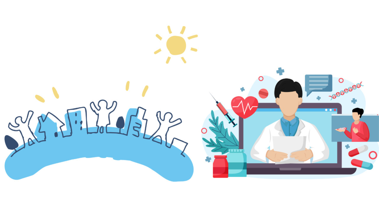 왼쪽에는 해가 비추는 도시와 기뻐하는 사람들의 실루엣이 있고, 오른쪽에는 의사가 노트북 화면에 나타나며 의료 관련 아이콘(주사기, 심장, 약 등)이 함께 있는 일러스트