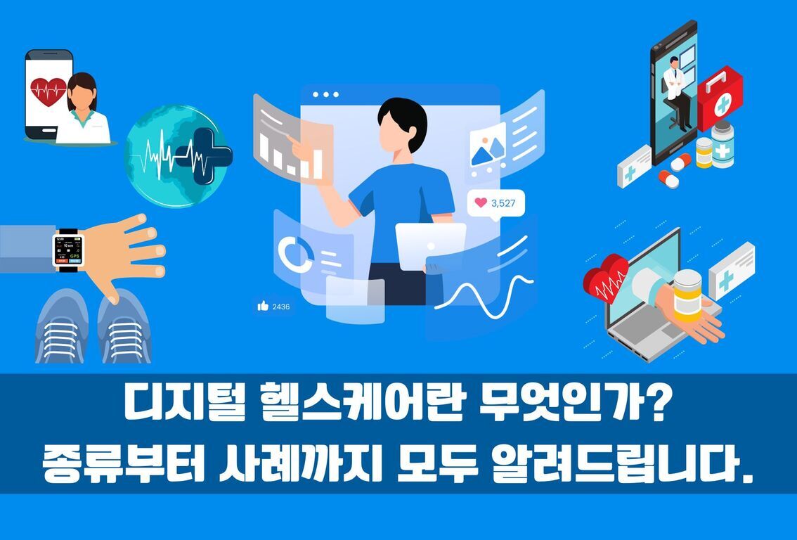 디지털 헬스케어와 관련된 아이콘과 사람 일러스트, 하단에 '디지털 헬스케어란 무엇인가? 종류부터 사례까지 모두 알려드립니다.'라는 문구가 적혀 있음.