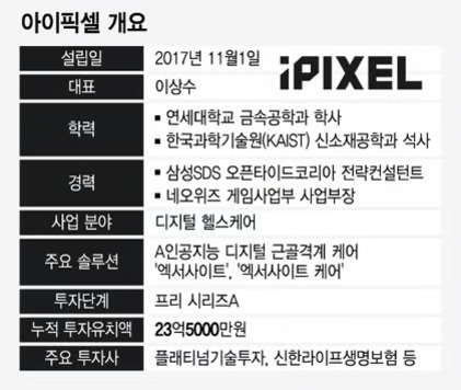 아이픽셀 개요를 나타내는 표로, 설립일은 2017년 11월 1일이며 대표는 이상수이다. 학력은 연세대학교 금속공학과 학사와 한국과학기술원(KAIST) 신소재공학과 석사이다. 경력으로 삼성SDS 오픈타이드코리아 전략컨설턴트, 네오위즈 게임사업부 사업부장을 역임했다. 사업 분야는 디지털 헬스케어이고 주요 솔루션은 AI 인공지능 디지털 근골격계 케어 '엑사사이트', '엑사사이트 케어'이다. 투자 단계는 프리 시리즈A, 누적 투자유치액은 23억5000만원이며 주요 투자자는 플래티넘기술투자, 신한라이프생명보험 등이다.