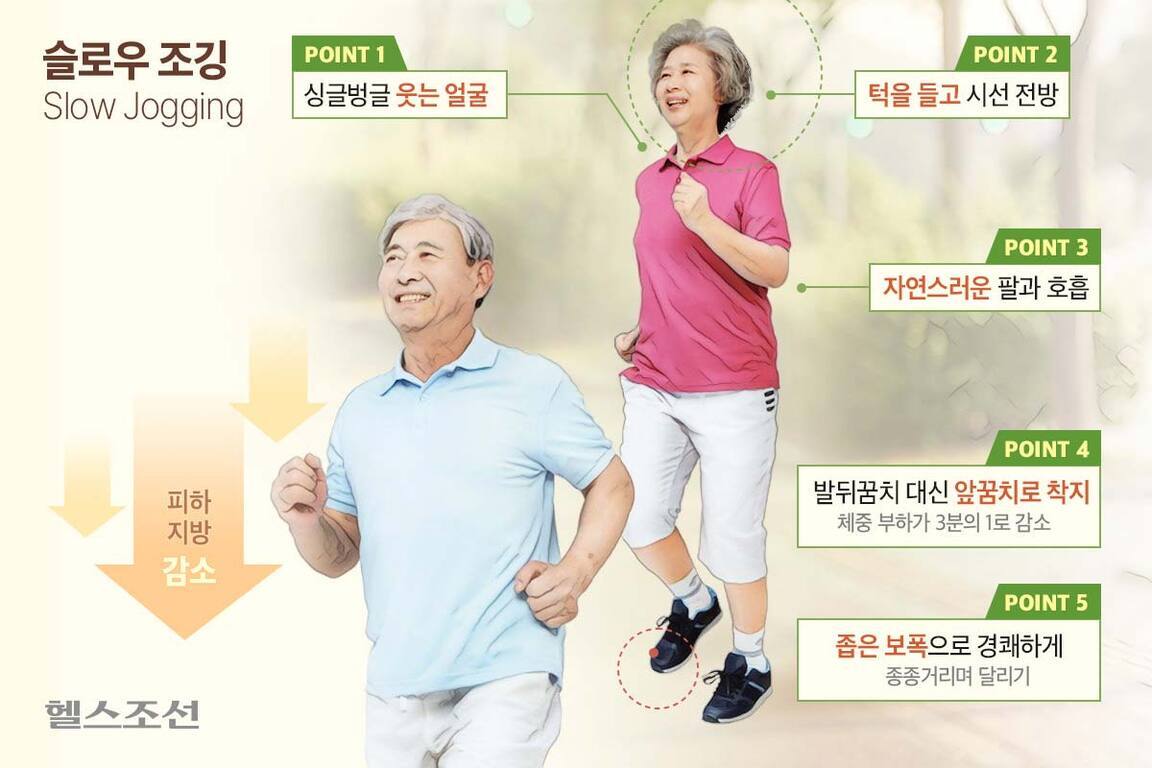 슬로우 조깅을 주제로 한 인포그래픽. 밝은 표정의 노년 남녀가 운동복 차림으로 천천히 조깅하고 있다. 주요 포인트로는 1) 싱글벙글 웃는 얼굴, 2) 턱을 들고 시선 전방, 3) 자연스러운 팔과 호흡, 4) 발뒤꿈치 대신 앞꿈치로 착지(체중 부하 감소), 5) 좁은 보폭으로 경쾌하게 달리기 등이 제시되어 있다. 왼쪽에는 '피하지방 감소'라는 문구와 함께 슬로우 조깅의 효과를 강조하고 있다.