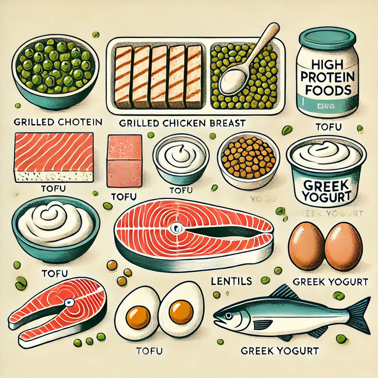여러 가지 고단백 식품들의 일러스트. 삶은 달걀, 연어, 닭가슴살, 완두콩, 렌틸콩, 두부, 그릭 요거트 등이 각각 그려져 있고 이름이 영어로 표시되어 있다.