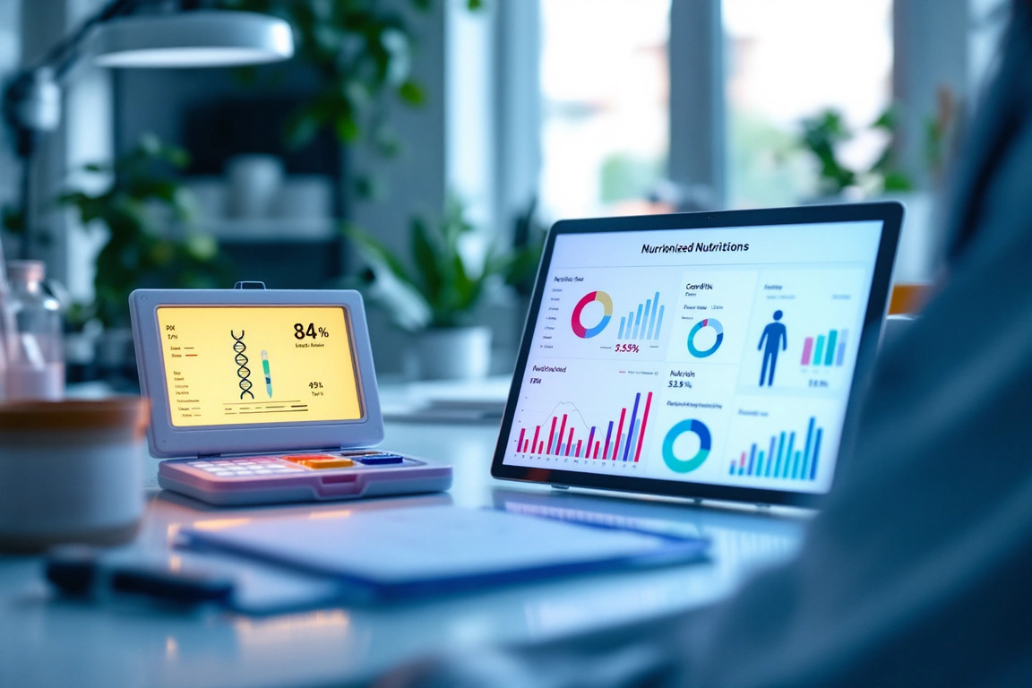 사무실 책상 위에 놓인 두 대의 디지털 기기 화면에 다양한 그래프와 데이터가 표시되어 있다. 왼쪽 작은 화면에는 DNA 구조와 84%라는 숫자가, 오른쪽 큰 모니터에는 원형 차트, 막대그래프 등 영양 관련 통계자료가 보인다.