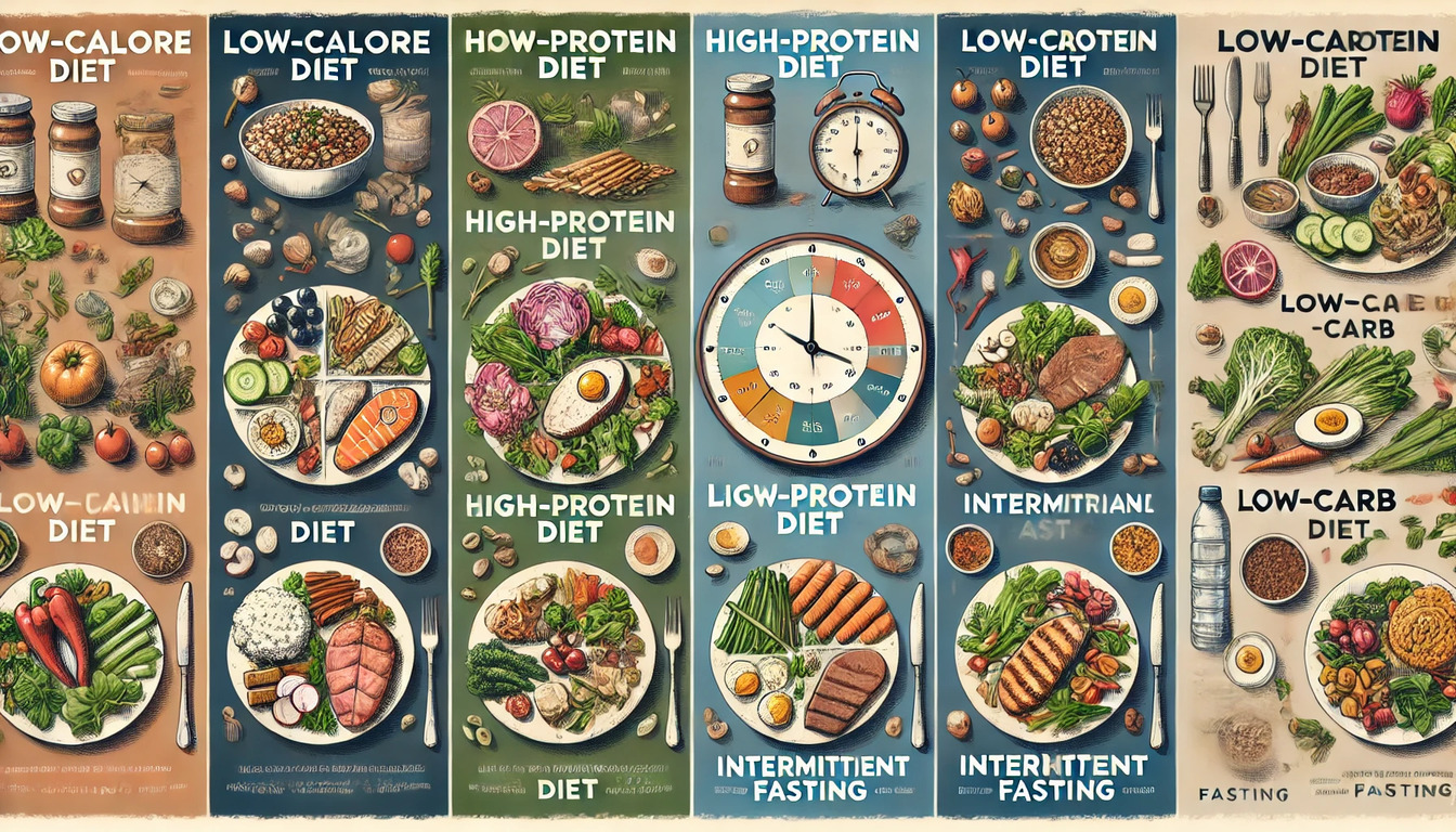 다양한 식단 유형을 소개하는 포스터 모음. 각 포스터에는 저칼로리, 고단백질, 저탄수화물 등 식단의 이름과 대표적인 음식 예시가 그려진 접시와 함께 시각적으로 표현되어 있다. 채소, 고기, 생선, 달걀 등 다양한 재료들이 등장하며 일부는 간헐적 단식에 대한 설명도 포함된다.