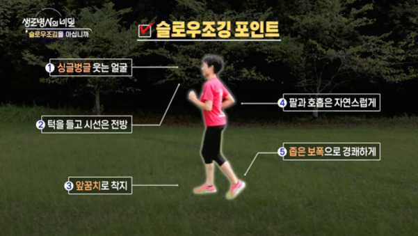 초록색 잔디밭에서 핑크색 상의와 검은 바지를 입은 사람이 조깅을 하고 있다. 화면에는 '슬로우조깅 포인트'라는 제목과 함께 올바른 자세에 대한 다섯 가지 설명이 표시되어 있다.