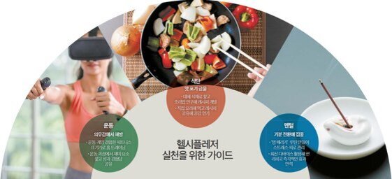 헬시플레저 실천을 위한 가이드 이미지로, 운동(가상현실 기기를 착용한 여성), 식단(야채와 고기가 들어간 볶음요리), 명상(향이 피워진 접시)이 각각 설명과 함께 배치되어 있다.