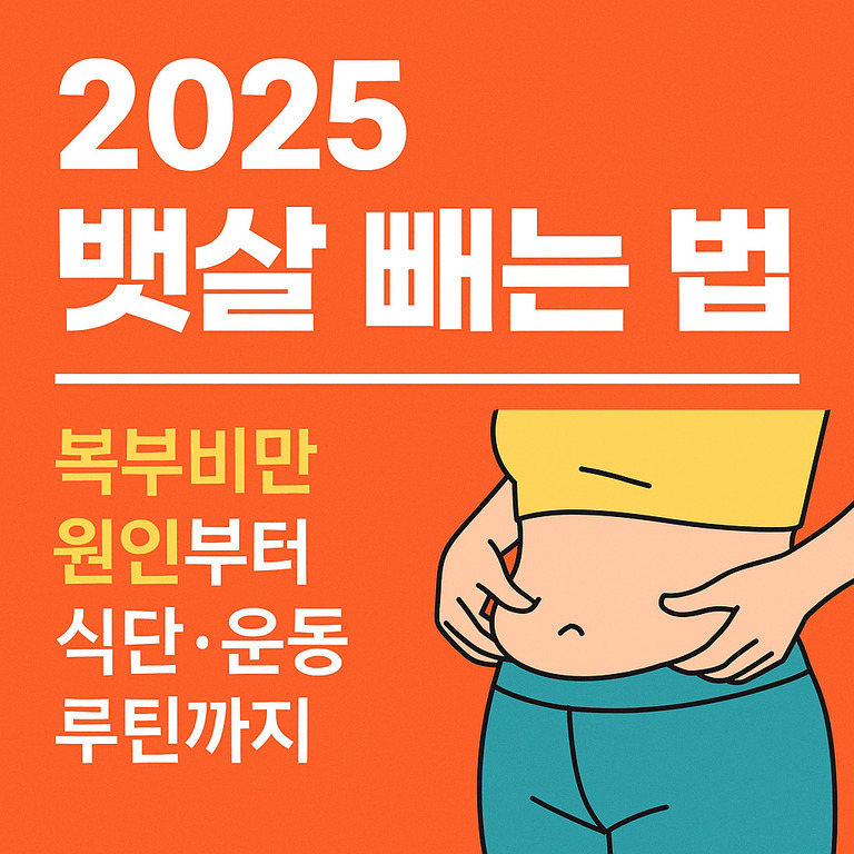 주황색 배경에 '2025 뱃살 빼는 법'이라는 큰 글씨와 함께, 노란색 상의를 입은 사람이 자신의 복부를 잡고 있는 일러스트가 있다. 하단에는 '복부비만 원인부터 식단·운동 루틴까지'라는 문구가 적혀 있다.