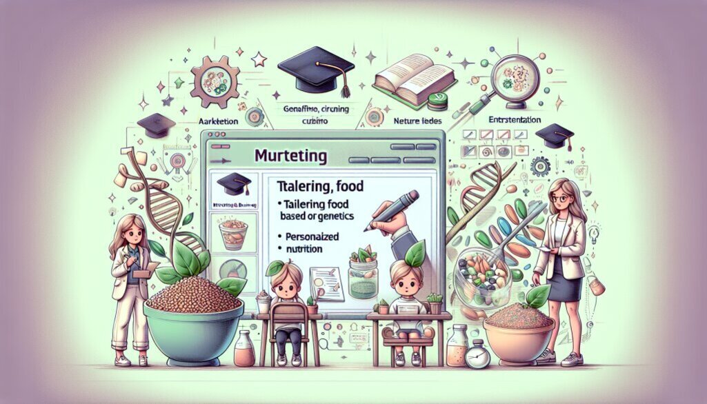 유전학과 맞춤형 영양을 주제로 한 일러스트로, DNA 이중나선, 식물, 곡물 그릇, 실험 도구와 함께 연구원 복장을 한 인물이 나타나 있다. 중앙엔 'Tailering food based on genetics' 등 맞춤식품 관련 텍스트가 보이며 교육 및 과학 상징 아이콘도 포함되어 있다.