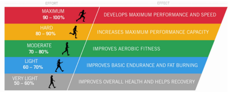 운동 강도에 따른 효과를 설명하는 다이어그램. 아주 낮음(50-60%), 낮음(60-70%), 보통(70-80%), 높음(80-90%), 최고(90-100%)의 5단계로 나뉘며 각 단계별로 건강, 지구력, 유산소 체력, 수행 능력 향상 등 효과가 달라짐.