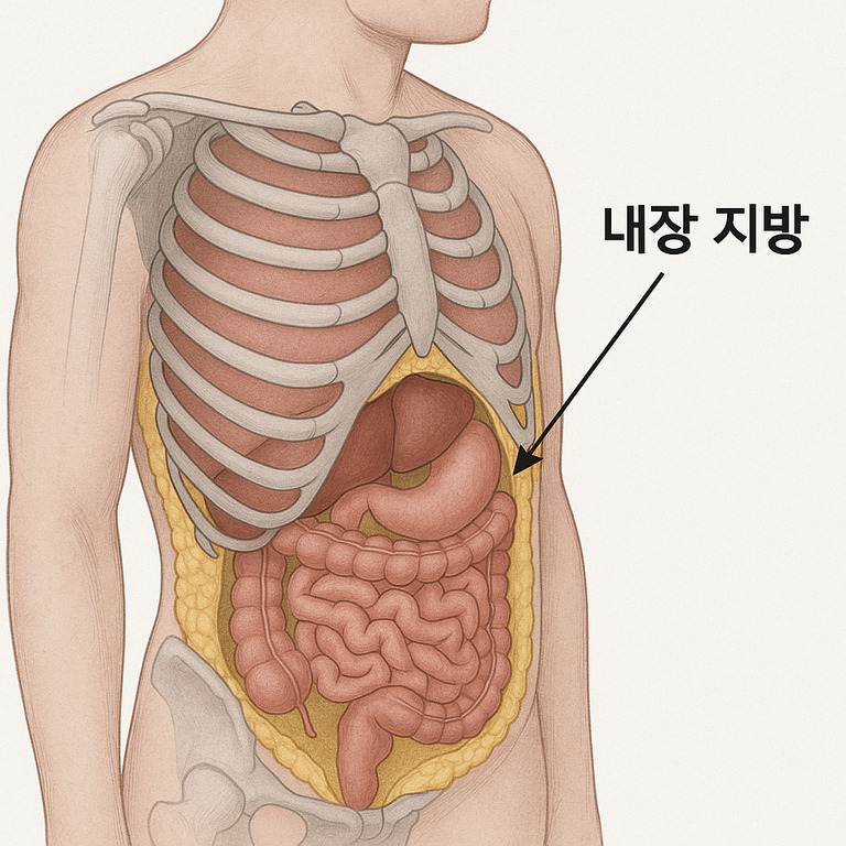 사람의 상반신 내부 장기와 내장 지방을 보여주는 해부도 일러스트, '내장 지방'이라는 한글 설명이 화살표로 표시됨.