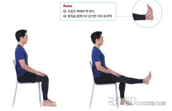 의자에 앉은 남성이 한쪽 다리를 곧게 펴는 스트레칭 동작을 단계별로 보여주는 이미지, 상단에는 무릎을 최대한 쭉 펴고 발목을 몸쪽으로 당기면 효과가 더 좋다는 설명이 있음.