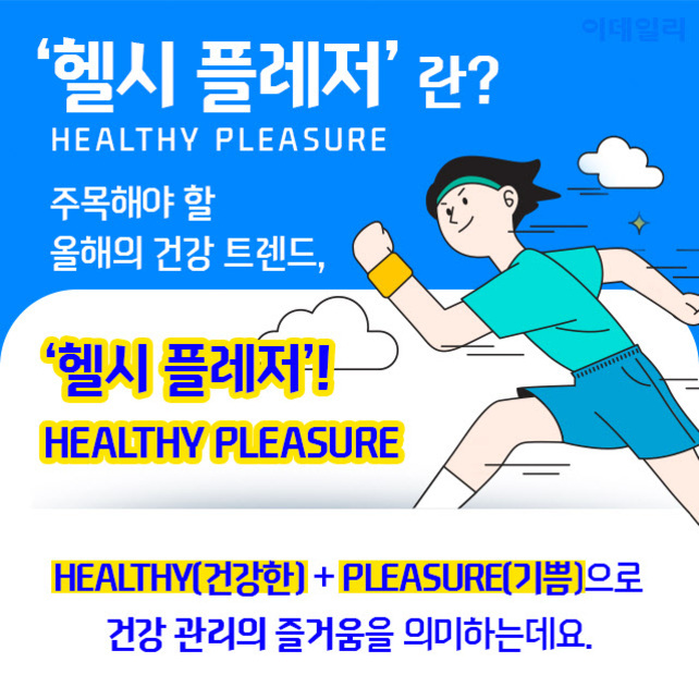 운동복을 입은 사람이 달리는 일러스트와 함께 '헬시 플레저'란? HEALTHY PLEASURE, 주목해야 할 올해의 건강 트렌드, '헬시 플레저'! HEALTHY(건강한)   PLEASURE(기쁨)으로 건강 관리의 즐거움을 의미한다는 설명이 있는 이미지