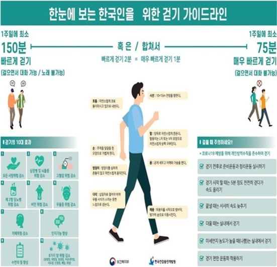 한눈에 보는 한국인을 위한 걷기 가이드라인 인포그래픽. 1주일에 최소 150분 빠르게 걷기 또는 75분 매우 빠르게 걷기를 제안하며, 걸으면서 대화 가능 여부로 강도를 구분함. 가운데 사람 일러스트와 함께 걷기의 효과 및 실천 팁이 소개됨. 왼쪽에는 걷기의 10대 효과, 오른쪽에는 실천법과 주의사항이 정리되어 있음.