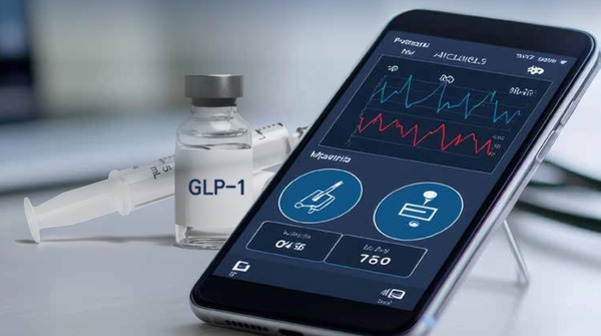 GLP-1 약물이 담긴 바이알과 주사기, 옆에는 건강 데이터와 그래프가 표시된 스마트폰 화면이 보인다.