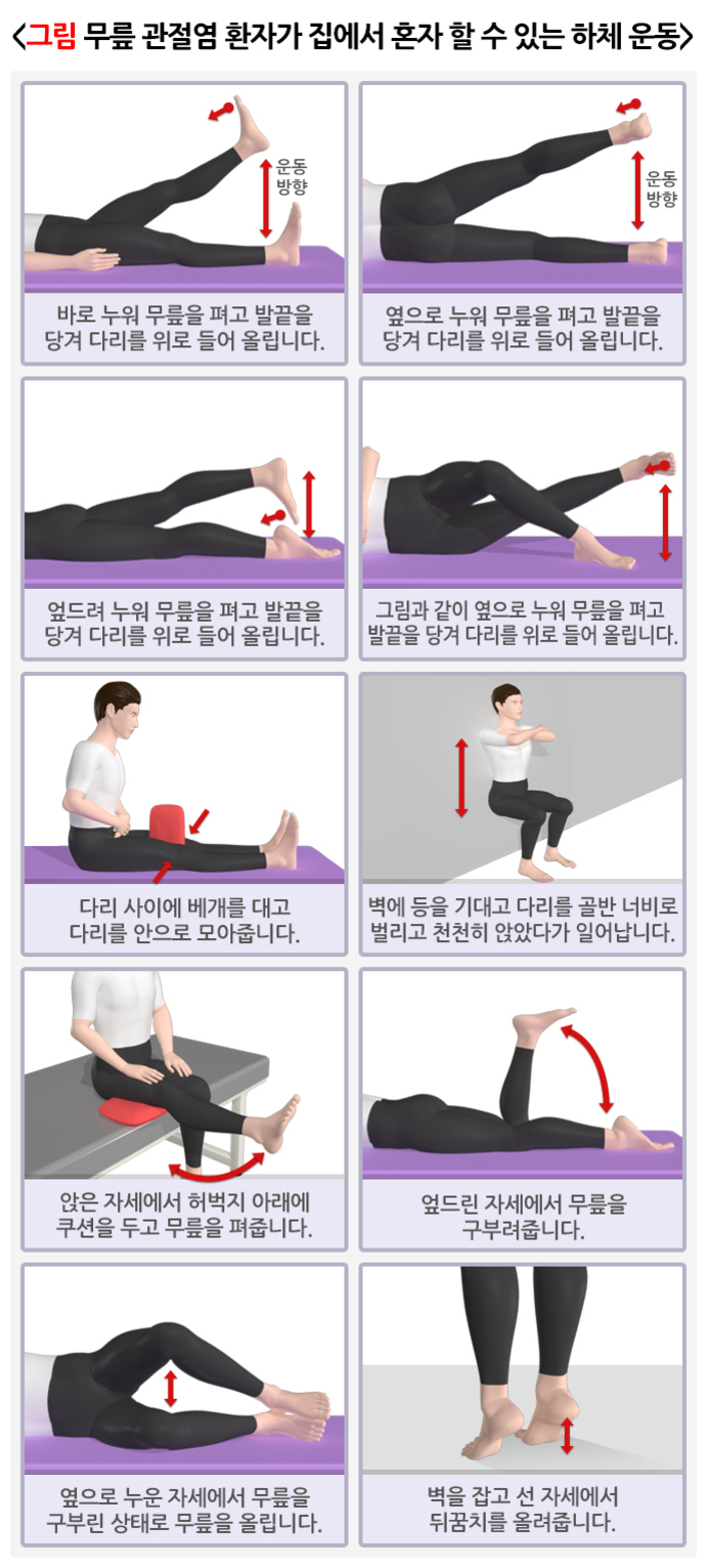 무릎 관절염 환자가 집에서 혼자 할 수 있는 하체 운동을 설명하는 그림으로, 다양한 자세(누운 자세, 앉은 자세, 벽에 기대 선 자세 등)에서 다리 들기, 무릎 펴기와 구부리기, 발끝 올리기 등의 동작이 단계별로 시각적으로 안내되어 있다.