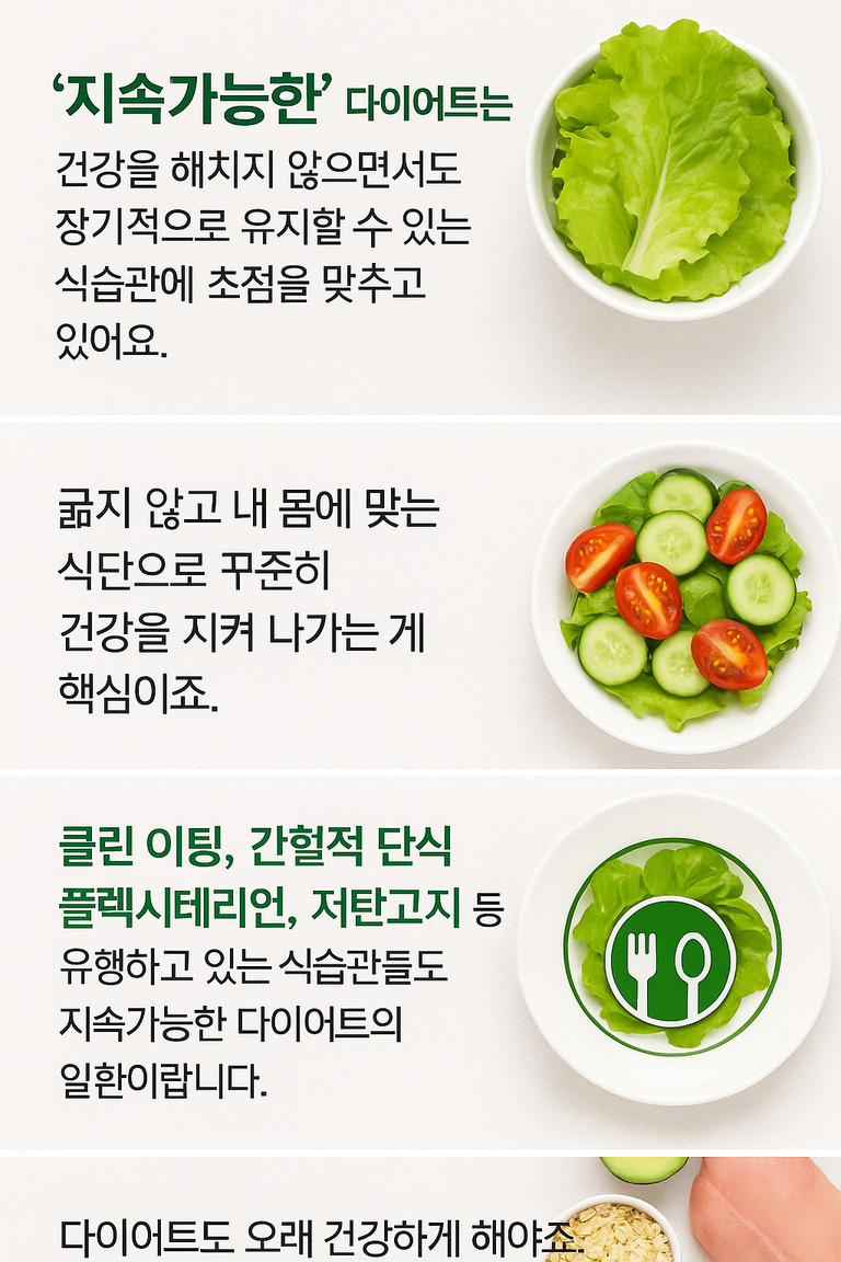 지속가능한 다이어트에 대한 설명과 함께 접시에 담긴 상추, 오이, 방울토마토 등의 채소 사진이 포함된 이미지