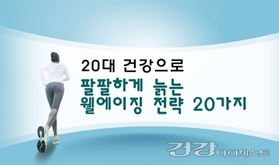 파란색 배경에 운동복을 입고 걷는 여성의 뒷모습과 함께 '20대 건강으로 팔팔하게 늙는 웰에이징 전략 20가지'라는 문구가 적혀 있다. 오른쪽 아래에는 '건강 다이제스트' 로고가 있다.