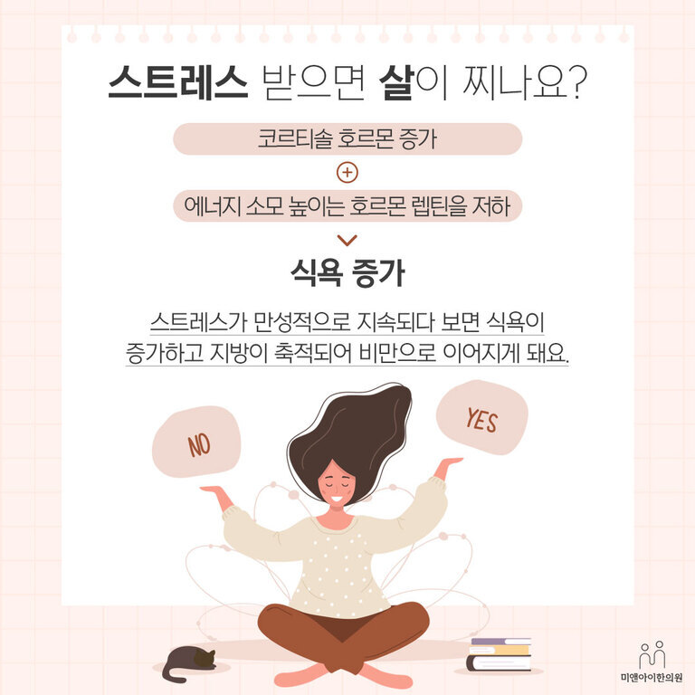 스트레스를 받으면 살이 찌는 이유에 대해 설명하는 인포그래픽 이미지. 코르티솔 호르몬 증가와 렙틴 저하로 식욕이 증가하고, 만성 스트레스가 지속되면 비만으로 이어질 수 있음을 안내함. 명상 자세를 취한 여성과 'YES', 'NO' 팻말, 고양이와 책 그림 포함.