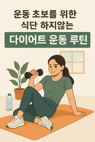 운동복을 입은 여성이 실내에서 요가 매트 위에 앉아 아령 운동을 하고 있으며, 옆에는 물병과 화분이 있다. 상단에는 '운동 초보를 위한 식단 하지않는 다이어트 운동 루틴'이라는 문구가 적혀 있다.