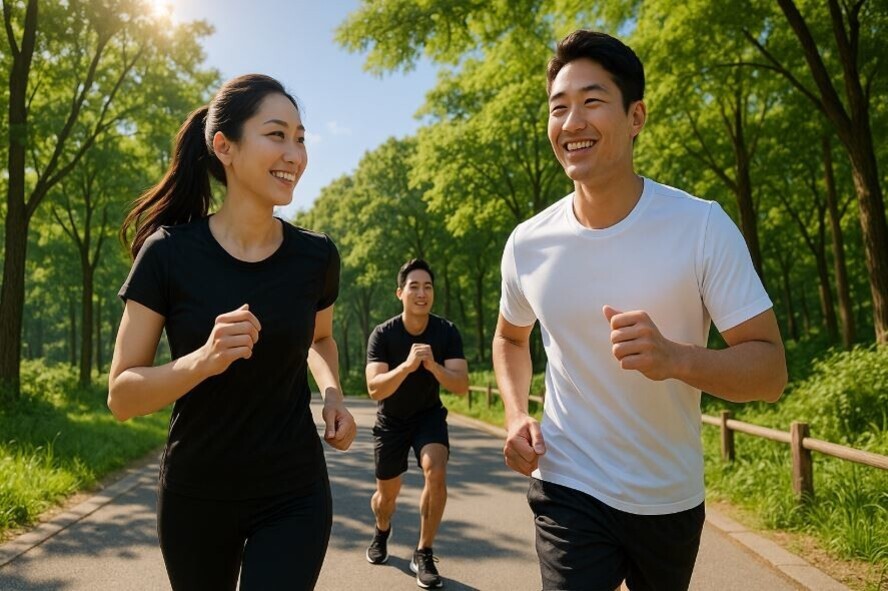 야외 공원 산책로에서 세 명의 젊은 남녀가 함께 달리기를 하며 웃고 있는 모습