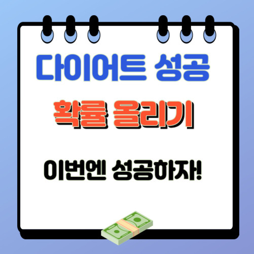 스프링 노트에 '다이어트 성공 확률 올리기 이번엔 성공하자!'라는 문구가 적혀 있고, 아래에는 돈 뭉치 그림이 있다.