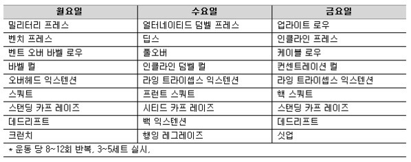월요일, 수요일, 금요일로 구성된 주간 운동 스케줄표. 각 요일별로 다양한 웨이트 트레이닝 종목이 나열되어 있으며, 하단에는 '운동 당 8~12회 반복, 3~5세트 실시'라는 안내 문구가 있음.