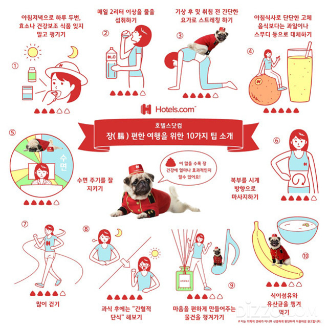 여행 중 장 건강을 위한 10가지 팁을 소개하는 인포그래픽 이미지. 아침식사로 효소나 건강보조 식품 챙기기, 물 많이 마시기, 스트레칭 및 요가하기, 고섬유질 음식 섭취하기, 수면 주기 지키기, 복부 마사지하기, 많이 걷기, 과식 후 간편한 단식 해보기, 마음 편히 먹거리 준비하기, 유산균 함유 식품 섭취 등의 방법이 그림과 함께 설명되어 있으며 호텔 직원 복장의 강아지 일러스트도 포함됨.