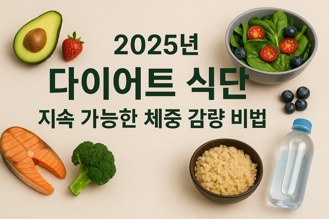 '2025년 다이어트 식단 지속 가능한 체중 감량 비법'이라는 문구와 함께 아보카도, 딸기, 연어, 브로콜리, 샐러드(시금치·방울토마토·블루베리), 현미밥, 생수병이 놓여 있는 이미지