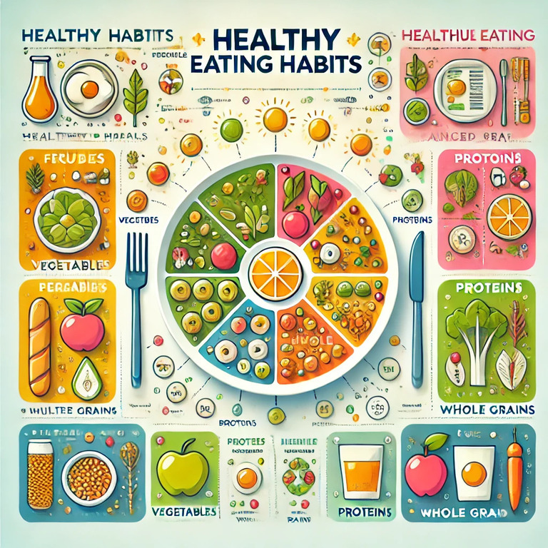 건강한 식습관을 주제로 한 인포그래픽 이미지로, 접시와 다양한 채소, 과일, 통곡물, 단백질 음식들이 일러스트로 그려져 있다. 각 식품군이 색상과 아이콘으로 구분되어 균형 잡힌 식단의 중요성을 강조한다.