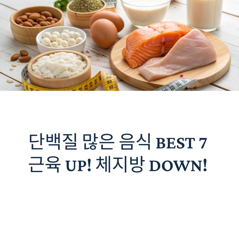 연어, 닭가슴살, 달걀, 우유, 견과류, 치즈 등 다양한 고단백 식품들이 나무 도마와 그릇에 담겨 있고 아래에는 '단백질 많은 음식 BEST 7 근육 UP! 체지방 DOWN!'이라는 문구가 적혀 있다.