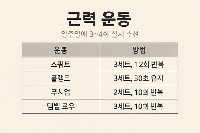 근력 운동 표로, 일주일에 3~4회 실시를 추천하며 스쿼트(3세트 12회 반복), 플랭크(3세트 30초 유지), 푸시업(2세트 10회 반복), 덤벨 로우(3세트 10회 반복) 방법이 안내되어 있다.