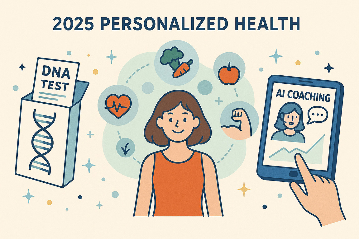 2025년 맞춤형 건강을 주제로 한 일러스트로, 중앙에 여성과 DNA 테스트 상자, AI 코칭이 표시된 태블릿, 심장 박동, 채소와 사과, 근육 아이콘 등이 주변에 그려져 있다.
