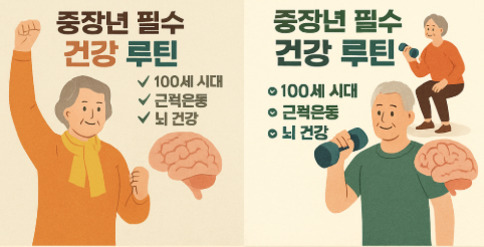 중년 남성과 여성이 각각 건강 루틴을 실천하는 모습을 보여주는 일러스트. 왼쪽에는 주황색 옷을 입은 여성이 손을 들고 있고, 오른쪽에는 초록색 옷을 입은 남성이 아령 운동을 하고 있다. 각 이미지에 '중장년 필수 건강 루틴', '100세 시대', '근력운동', '뇌 건강'이라는 문구와 뇌 그림이 함께 있다.