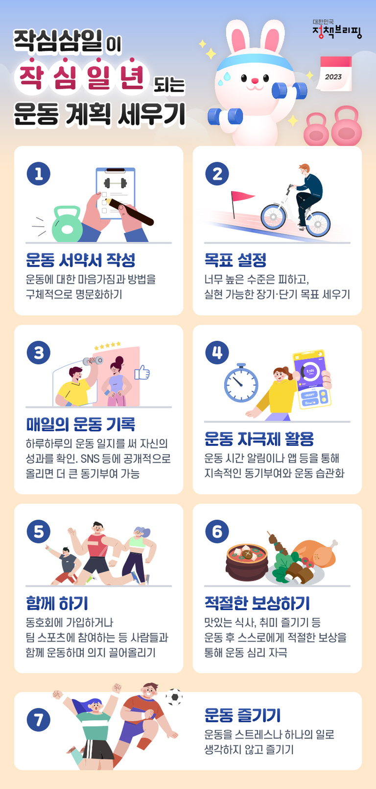 운동 계획 세우기에 대한 7가지 방법을 소개하는 인포그래픽. 운동 서약서 작성, 목표 설정, 매일의 운동 기록, 운동 자극제 활용, 함께 하기, 적절한 보상하기, 운동 즐기기의 순서로 설명과 일러스트가 있다. 상단에는 아령을 든 토끼 캐릭터와 2023년 달력이 있다.