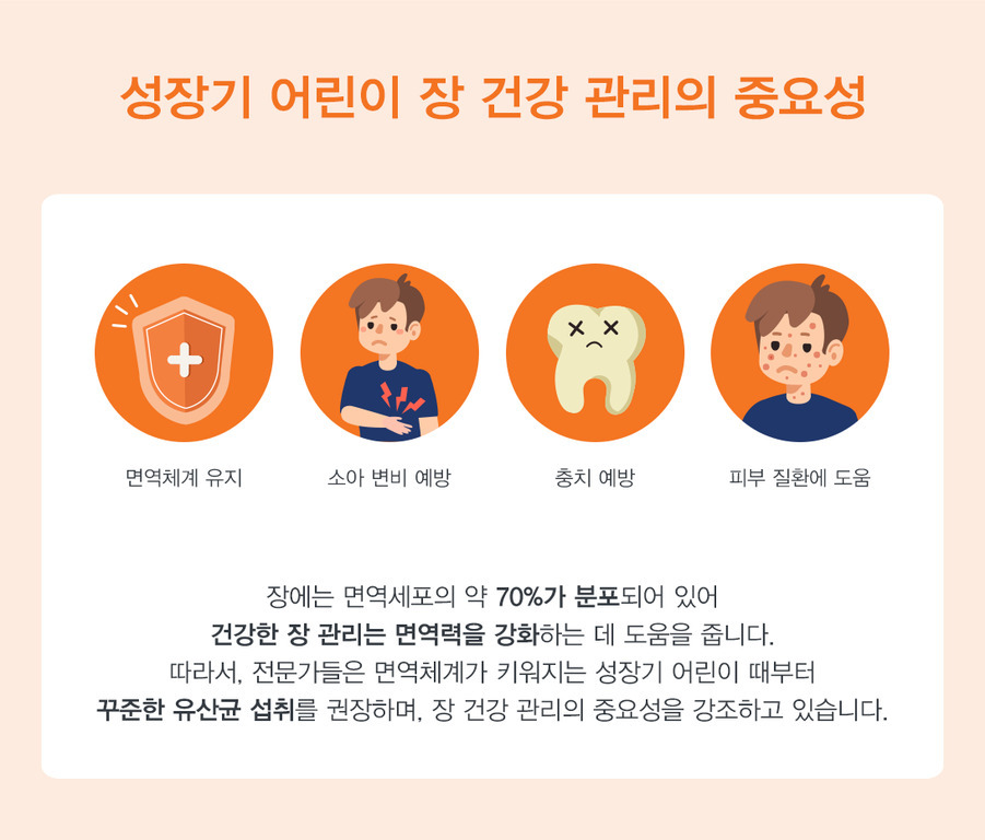 성장기 어린이 장 건강 관리의 중요성을 설명하는 인포그래픽 이미지. 면역체계 유지, 소아 변비 예방, 충치 예방, 피부 질환에 도움이 된다는 네 가지 이점이 각각 아이콘과 함께 나열되어 있다. 하단에는 장 건강 관리가 면역력 강화에 도움을 주며 꾸준한 유산균 섭취의 중요성이 강조된 설명 문구가 적혀 있다.