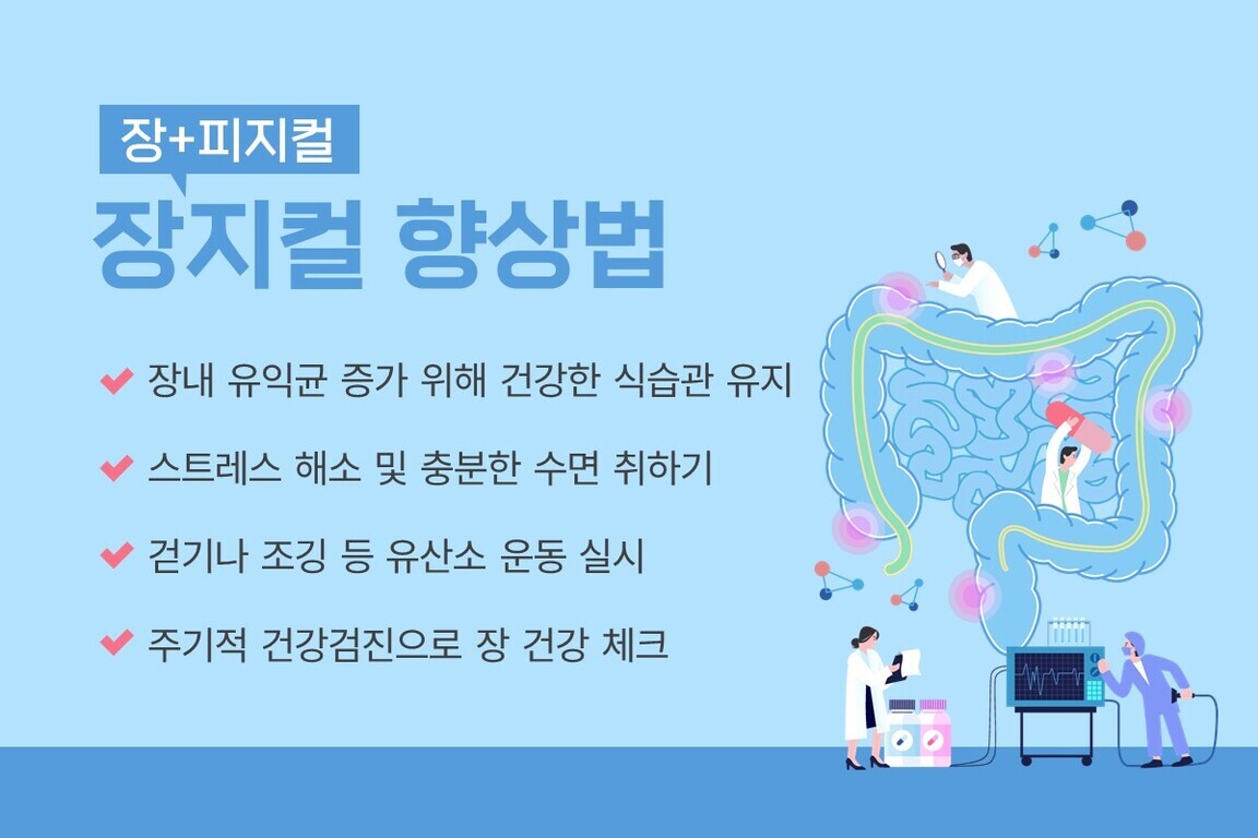 장 피지컬 장지컬 향상법을 주제로 한 이미지로, 건강한 식습관 유지, 스트레스 해소 및 충분한 수면, 유산소 운동 실천, 주기적 건강검진 등 장 건강 증진 방법이 안내되어 있으며 오른쪽에는 대장을 검사하는 의사와 과학자 일러스트가 있음.