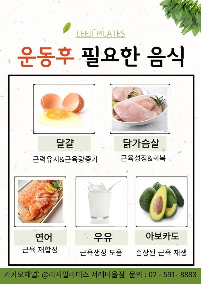 운동 후 필요한 음식으로 달걀, 닭가슴살, 연어, 우유, 아보카도를 소개하며 각각 근력 유지 및 증가, 근육 성장과 회복, 근육 재합성, 근육 생성 도움, 손상된 근육 재생 등의 효과를 설명하는 안내 이미지.