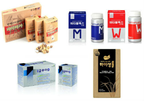 여러 종류의 건강기능식품 박스와 병들이 진열되어 있다. 왼쪽 상단에는 비아마카가, 오른쪽에는 비타플렉스와 하이생명, 아래에는 글루코마D 등이 보인다.