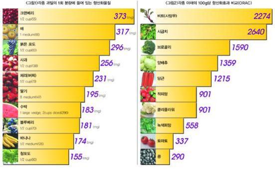 왼쪽은 다양한 과일 1회 분량의 항산화물질 함량(코로넬리, 딸기, 블루베리 등 순서), 오른쪽은 야채 100g당 항산화효과 비교(브로콜리싹, 시금치, 양배추 등 순서)를 막대그래프로 나타낸 이미지.