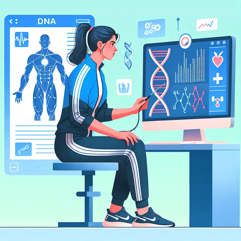 운동복을 입은 여성이 DNA와 건강 데이터를 분석하는 컴퓨터 화면 앞에 앉아 있는 모습의 일러스트. 배경에는 인체 구조와 유전자 정보를 나타내는 그래픽이 보인다.