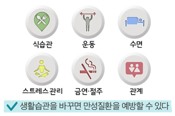 건강한 생활습관(식습관, 운동, 수면, 스트레스 관리, 금연·절주, 관계)이 만성질환 예방에 도움이 된다는 내용의 이미지