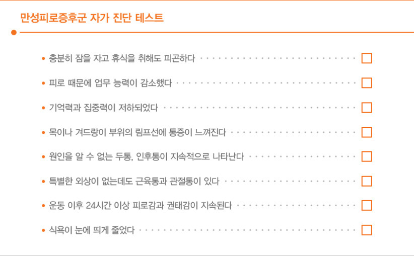 만성피로증후군 자가 진단 테스트 체크리스트 이미지. 총 7개의 증상 항목이 있으며, 각 항목 옆에 체크박스가 있다. 증상에는 충분히 잠을 자고 휴식을 취해도 피곤하다, 피로 때문에 업무 능력이 감소했다, 기억력과 집중력이 저하되었다 등이 포함되어 있다.