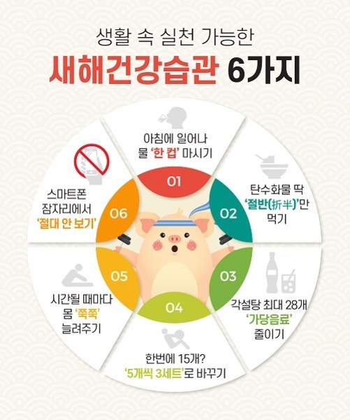 생활 속 실천 가능한 새해 건강습관 6가지를 소개하는 인포그래픽 이미지. 각각의 습관은 아침에 일어나 물 한 컵 마시기, 탄수화물 딱 절반만 먹기, 각설탕 최대 28개 가당음료 줄이기, 한 번에 15개? 5개씩 3세트로 바꾸기, 시간될 때마다 몸 쭉쭉 늘려주기, 스마트폰 잠자리에서 절대 안 보기로 구성되어 있음. 중앙에는 머리띠를 두른 돼지 캐릭터가 있다.