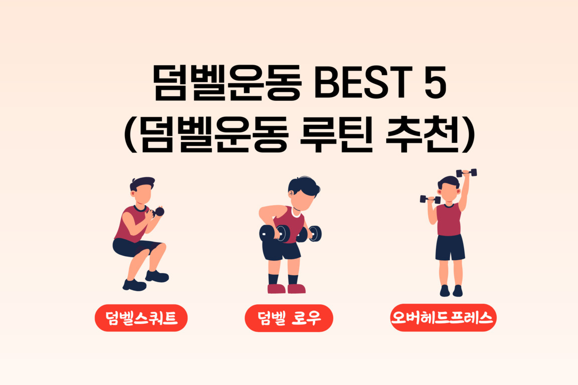 덤벨운동 BEST 5(덤벨운동 루틴 추천)라는 제목과 함께 덤벨을 활용한 스쿼트, 로우, 오버헤드프레스 동작을 하는 세 명의 일러스트가 나와 있음. 각 운동명은 덤벨스쿼트, 덤벨로우, 오버헤드프레스라고 적혀 있음.