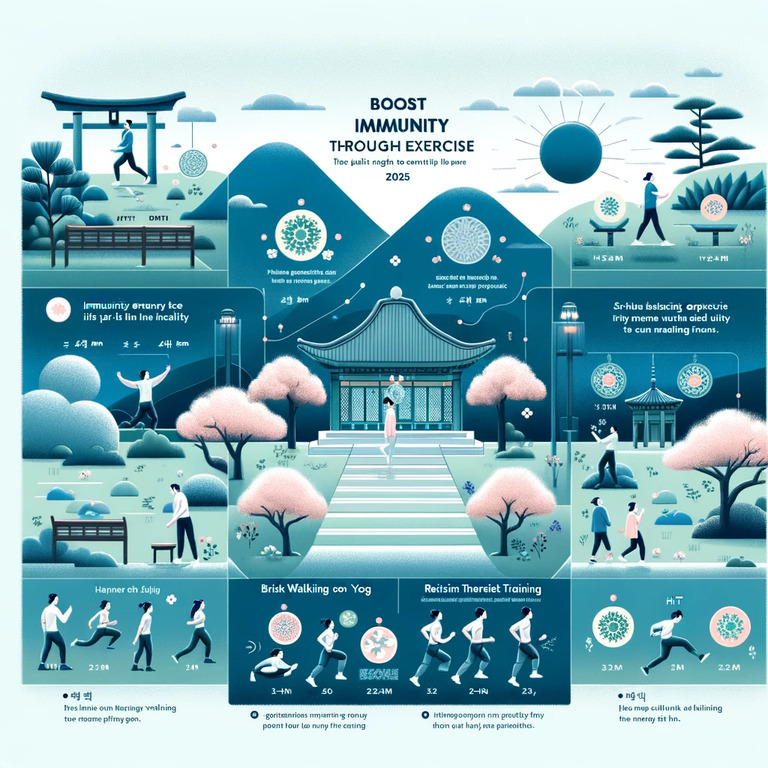 전통적인 동양식 건물을 중심으로 다양한 운동(걷기, 요가, 스트레칭 등)을 하는 사람들이 그려진 인포그래픽. 면역력 증진을 위한 운동의 중요성과 종류를 설명하는 요소들이 포함되어 있고, 산과 나무 등 자연 풍경이 배경에 있음.