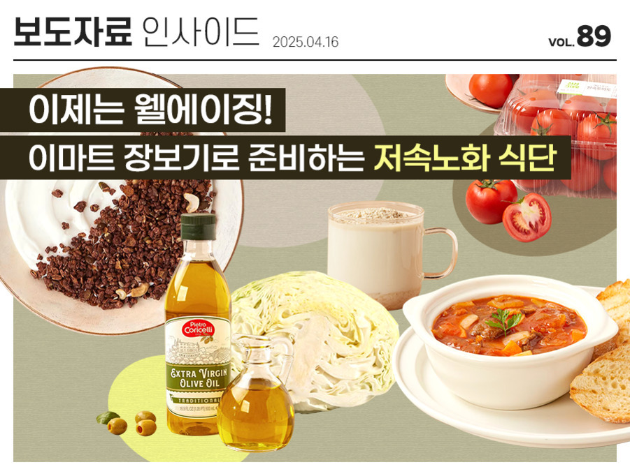 '보도자료 인사이드 2025.04.16 VOL.89'라는 제목과 함께, 요거트, 카카오닙스, 올리브유, 양배추, 토마토와 토마토 수프 및 빵 등 다양한 식재료 이미지가 배치되어 있으며 '이제는 웰에이징! 이마트 장보기로 준비하는 저속노화 식단'이라는 문구가 강조된 홍보 이미지.